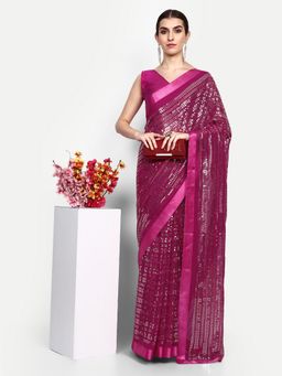 VAIRAGEE - Magenta Womens Georgette Saree with Unstitched Blouse