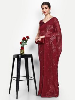 VAIRAGEE - Maroon Womens Georgette Saree with Unstitched Blouse