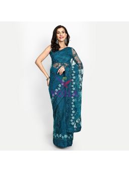 VAIRAGEE - Turquoise Soft Net Embroidered Saree & Banglory with Unstitched Blouse
