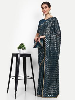 VAIRAGEE - Turquoise Georgette Sequence Saree with Unstitched Blouse