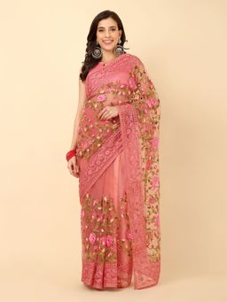 VAIRAGEE - Pink Soft Net Saree with Unstitched Blouse