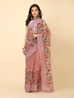 VAIRAGEE - Pink Soft Net Saree Embroidered Work & Mono Banglory with Unstitched Blouse