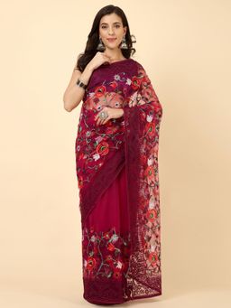 VAIRAGEE - Purple Soft Net Saree Embroidered Work & Mono Banglory with Unstitched Blouse
