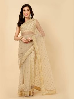 VAIRAGEE - Cream Soft Net Saree Embroidery Work & Mono Banglory with Unstitched Blouse