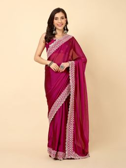 VAIRAGEE - Wine Soft Rangoli Silk Embroidery Saree & Mono Banglory with Unstitched Blouse