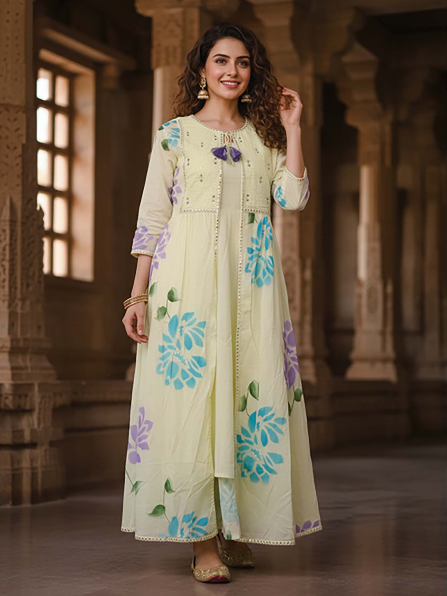 fashor Hand-Painted Floral Mirror Work Layered Anarkali Dress with Jacket - Yellow-picture-21