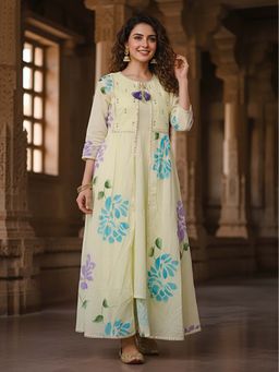 FASHOR - Hand-Painted Floral Mirror Work Layered Anarkali Dress with Jacket - Yellow