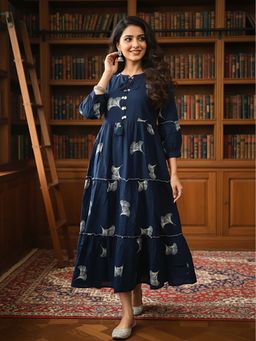 FASHOR - Floral Print Tiered Maxi Dress with Moti Work - Navy Blue