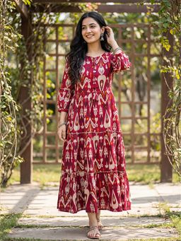 FASHOR - Ethnic Ikat Printed Fit and Flare Maxi Dress with Tassel Detailing - Red