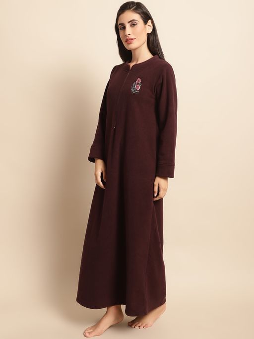 Buy Kanvin Poller Fleece Winter Wear Long Nighty-Maroon Online