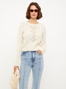 LC WAIKIKI - Ecru Crew Neck Embroidered Long Sleeve Women's Knitwear Sweater