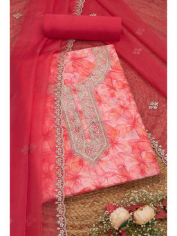 Soch - Red Organza Floral Print Unstitched Dress Material (Set of 3)