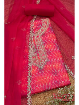 Soch - Pink Organza Geometric Print and Sequin Unstitched Dress Material (Set of 3)