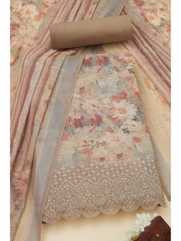 Soch - Beige Linen Floral Print Unstitched Dress Material (Set of 3)