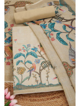 Soch - Cream Linen Botanical Print Unstitched Dress Material with Sequins (Set of 3)