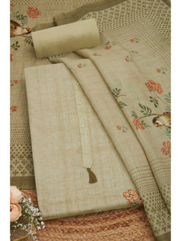 Soch - Beige Linen Floral Print Unstitched Dress Material (Set of 3)