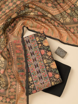 Koskii - Black Floral Printed Chanderi Unstitched Dress Material (Set of 3)