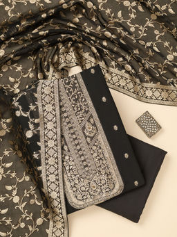 Koskii - Black Woven Zari Work Dola Silk Unstitched Dress Material (Set of 3)