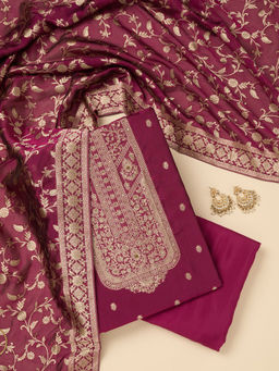 Koskii - Wine Woven Zari Work Dola Silk Unstitched Dress Material (Set of 3)