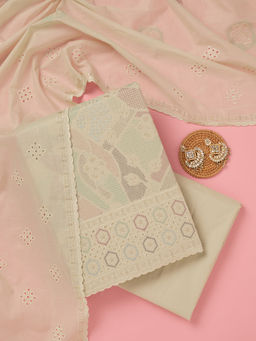Koskii - Beige Thread Work Cotton Unstitched Dress Material (Set of 3)