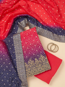 Koskii - Red Bandhani Print Dola Silk Unstitched Dress Material (Set of 3)