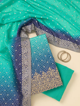 Koskii - Sea Green Bandhani Print Dola Silk Unstitched Dress Material (Set of 3)