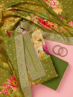Koskii - Parrot Green Floral Zari Work Dola Silk Unstitched Dress Material (Set of 3)