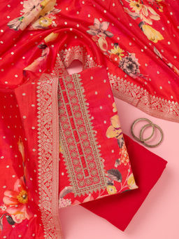 Koskii - Red Floral Zari Work Dola Silk Unstitched Dress Material (Set of 3)