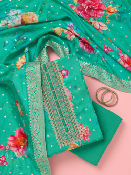 Koskii - Green Floral Zari Work Dola Silk Unstitched Dress Material (Set of 3)