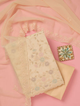 Koskii - Cream Floral Thread Work Crepe Unstitched Dress Material (Set of 3)