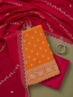Koskii - Orange Embroidered Thread Work Soft Raw Silk Unstitched Dress Material (Set of 3)
