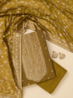 Koskii - Beige Thread Work Crepe Unstitched Dress Material (Set of 3)