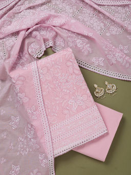 Koskii - Baby Pink Floral Thread Work Cotton Unstitched Dress Material (Set of 3)