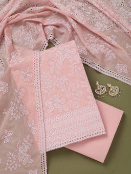 Koskii - Peach Floral Thread Work Cotton Unstitched Dress Material (Set of 3)