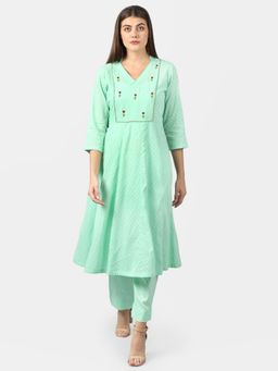 DART STUDIO - Cotton Jacquard Kurta With Hand Embroidery Green