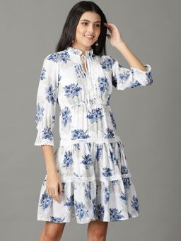 SHOWOFF - Womens Printed Tie-Up Neck White Knee Length Dress