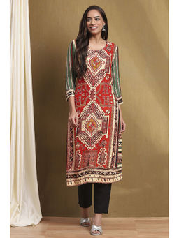 Biba - Women Rust & Green Rayon Straight Kurta