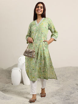 Libas - Green Printed Cotton Blend Straight Kurtas for Women
