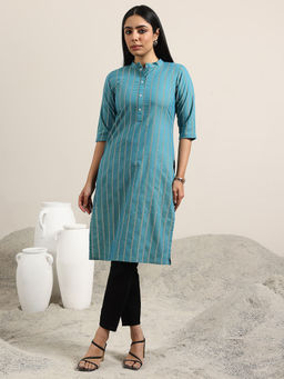 Libas - Blue Woven Design Cotton Blend Straight Kurtas for Women