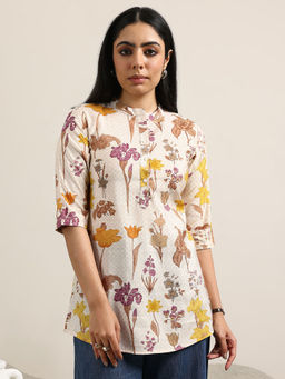 Libas - Beige Printed Silk Blend Straight Kurtis for Women