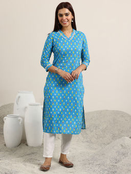 Libas - Blue Printed Cotton Straight Kurtas for Women
