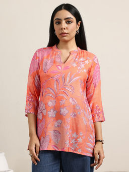 Libas - Tunic for Womens Orange Printed Silk Blend Straight Tunic for Women
