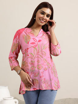 Libas - Tunic for Womens Pink Printed Silk Blend Straight Tunic for Women