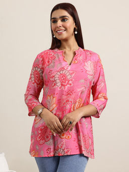 Libas - Tunic for Womens Pink Printed Silk Blend Straight Tunic for Women