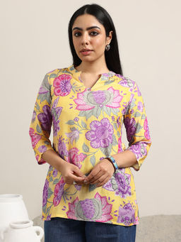 Libas - Tunic for Womens Yellow Printed Silk Blend Straight Tunic for Women