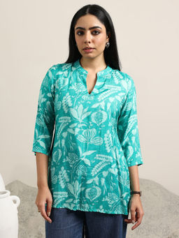 Libas - Tunic for Womens Rama Green Printed Silk Blend Straight Tunic for Women