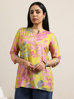 Libas - Tunic for Womens Mustard Printed Silk Blend Straight Tunic for Women