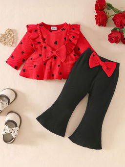 Hopscotch - 2-Piece Textured Heart Print Blouse and Pant