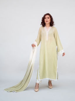 Daljit Sudan - Sage Green Linen Kurta with Pant and Dupatta (Set of 3)