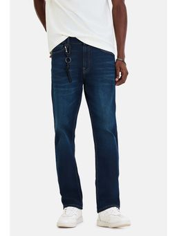 Snitch - Navy Blue Solid Plain Casual Cotton Blend Jeans